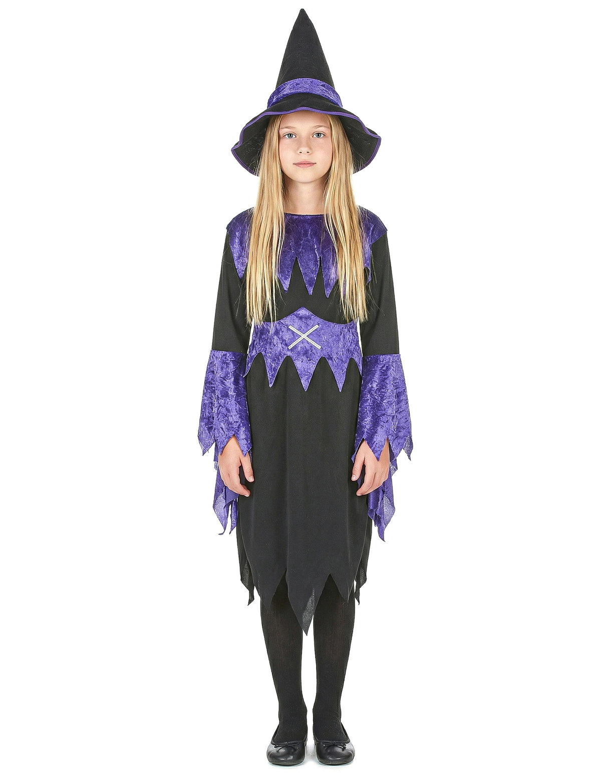 Déguisement de sorcière pour fille violet et noir avec chapeau pointu