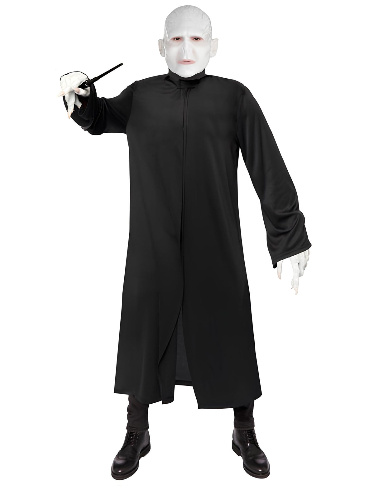 Vue de face avec baguette magique du déguisement Voldemort Harry Potter