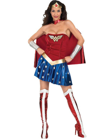 Déguisement classique Wonder Woman pour femme rouge et bleu avec cape et tiare dorée