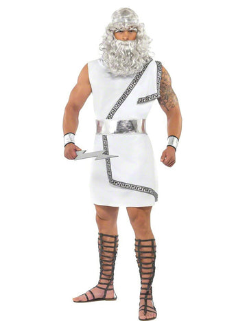 Déguisement de Zeus pour homme blanc avec motifs grecs et accessoires argentés