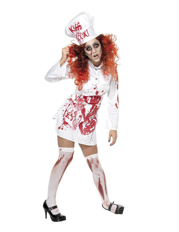Déguisement de zombie cuisinière pour femme blanc ensanglanté avec toque