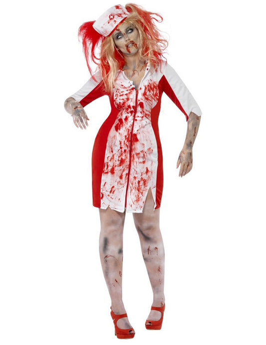 Déguisement de zombie infirmière Halloween pour femme blanc et rouge ensanglanté avec coiffe