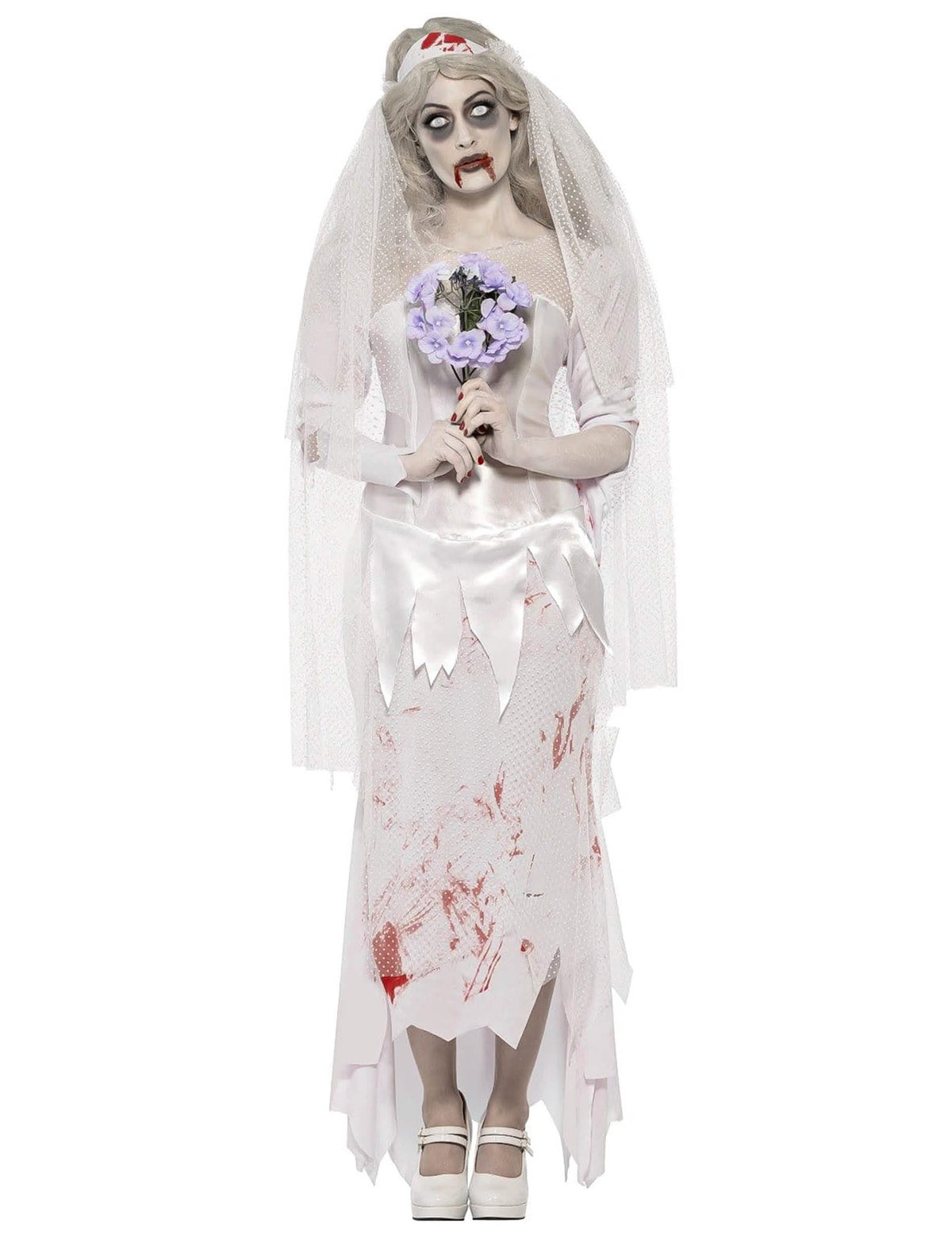 Déguisement de mariée zombie pour femme blanc avec taches de sang et voile