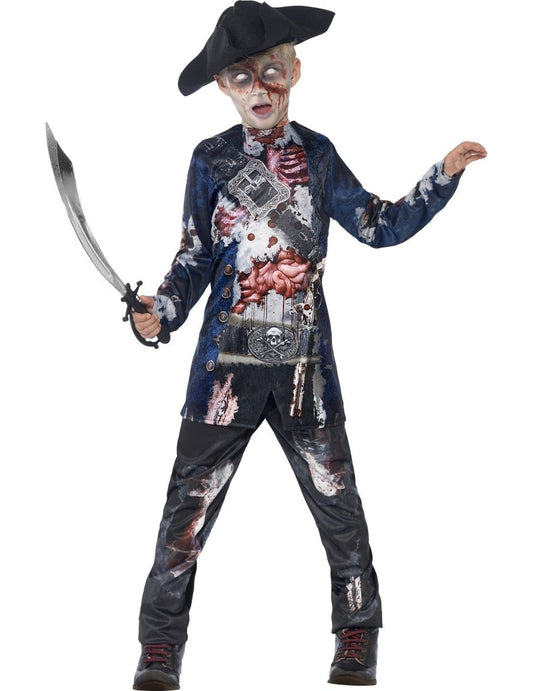 Déguisement de zombie pirate pour garçon bleu avec chapeau
