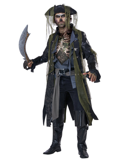 Déguisement pirate zombie luxe pour adulte gris et vert avec chapeau et sabre