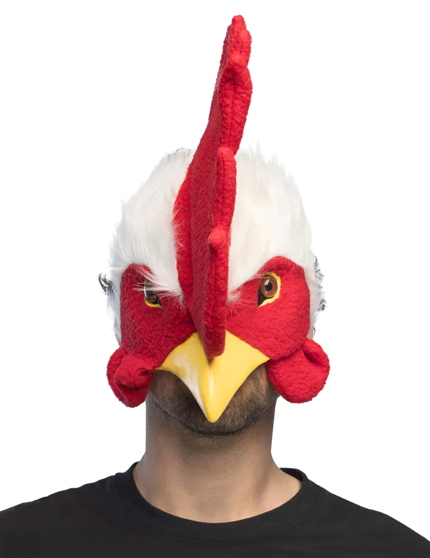 Demi-masque peluche coq pour adulte rouge et blanc avec bec jaune