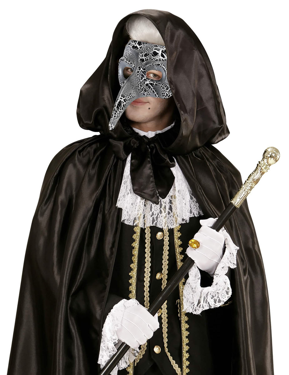 Masque porté avec une cape du demi-masque vénitien à long nez effet craquelé