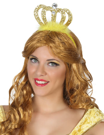 Diadème de princesse pour adulte doré à paillettes et plumes jaunes