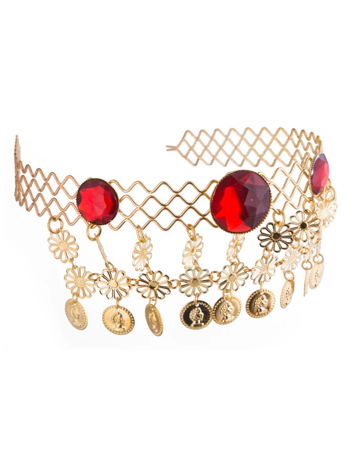 Диадема на египетска кралици за жена, златен с червени камъни и монети
