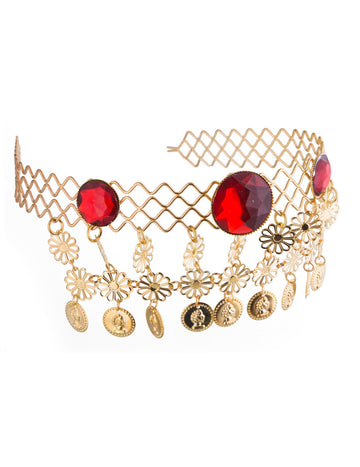 Diadème reine égyptienne pour femme doré avec pierres rouges et pièces