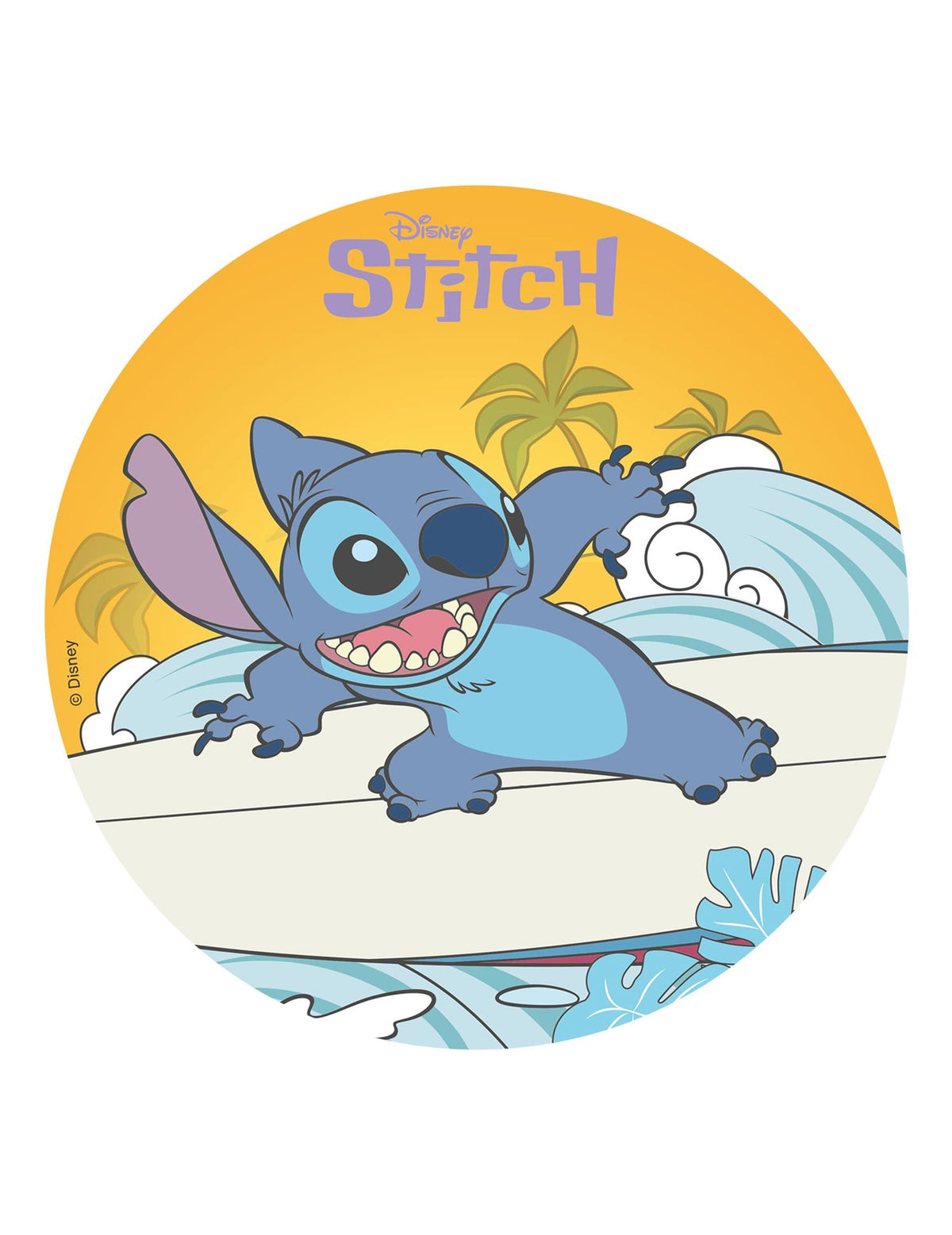Disque azyme Stitch pour enfant bleu sur une planche de surf avec vagues