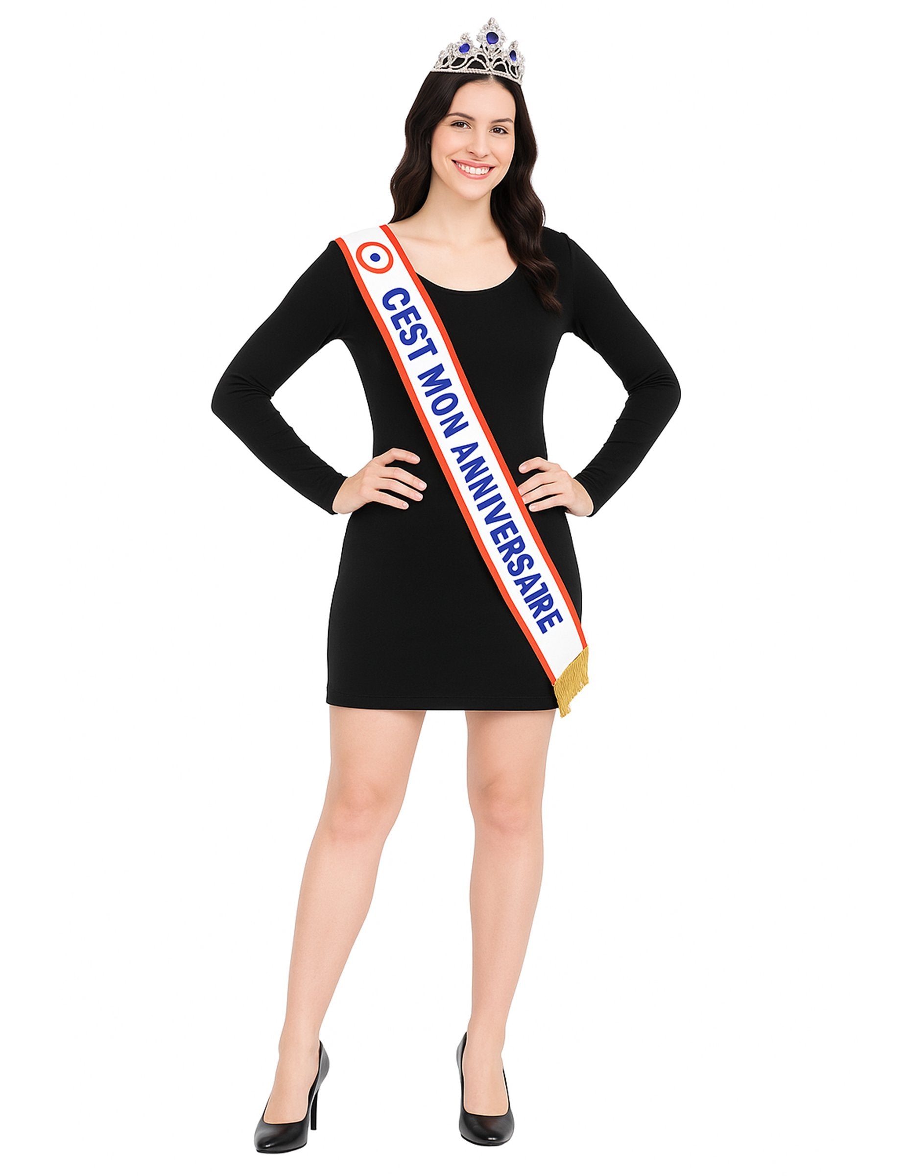 Echarpe miss C'est mon anniversaire pour adulte tricolore blanc rouge bleu avec franges dorées