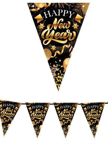 3 м. черно-златна картонена гирлянда с вимпели „Честита Нова година“