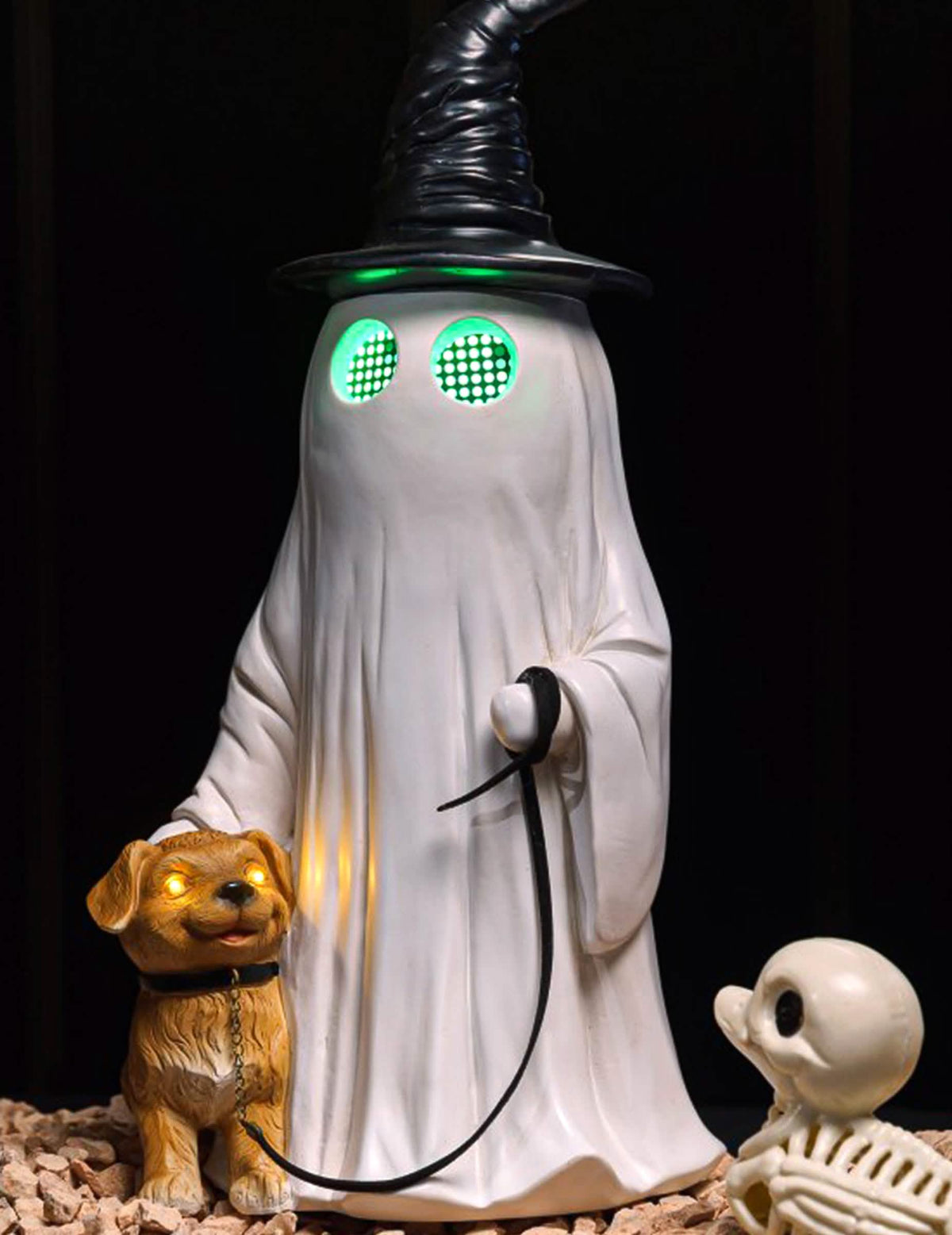Декоративен призрак Summerween от смола с кучешка заострена шапка и анимирани LED очи 23,5 x 20 x 45,5 cm