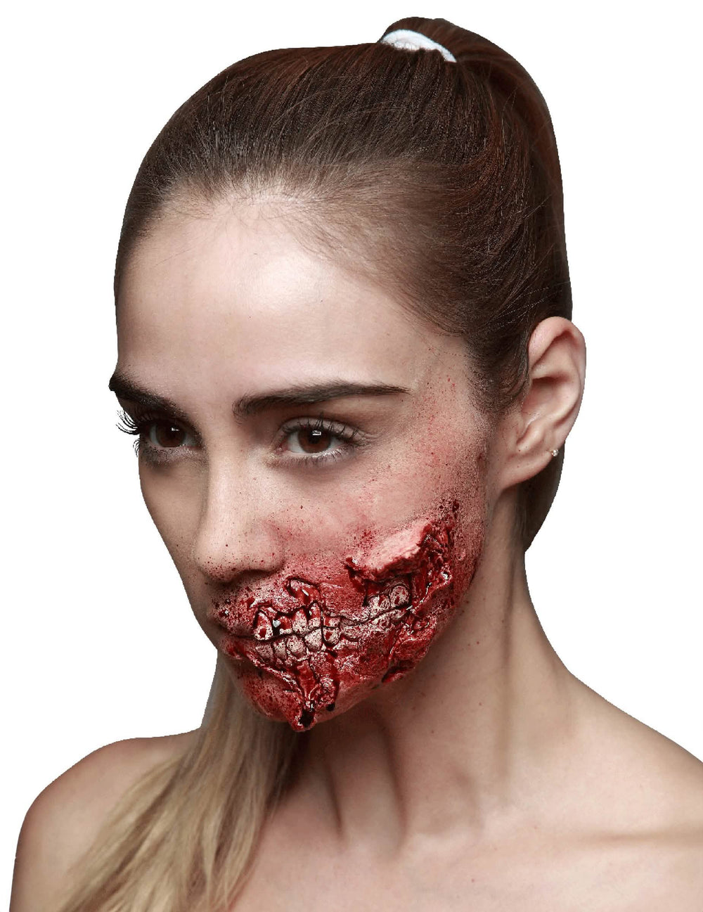 Фалшива рана с видими зъби за възрастен halloween, червен и окървавен