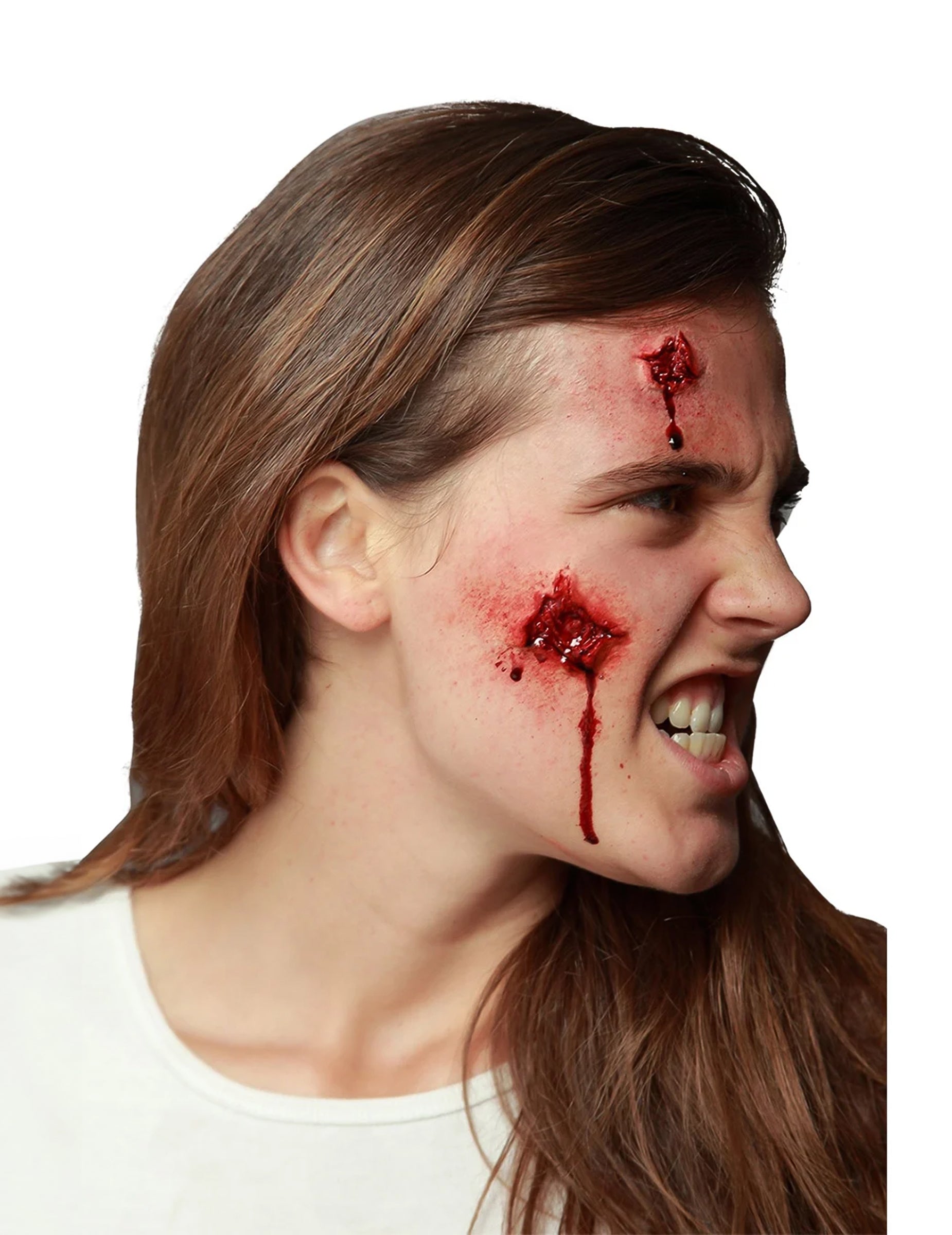 Фалшива отворена рана за възрастни в червено, покрито с кръв