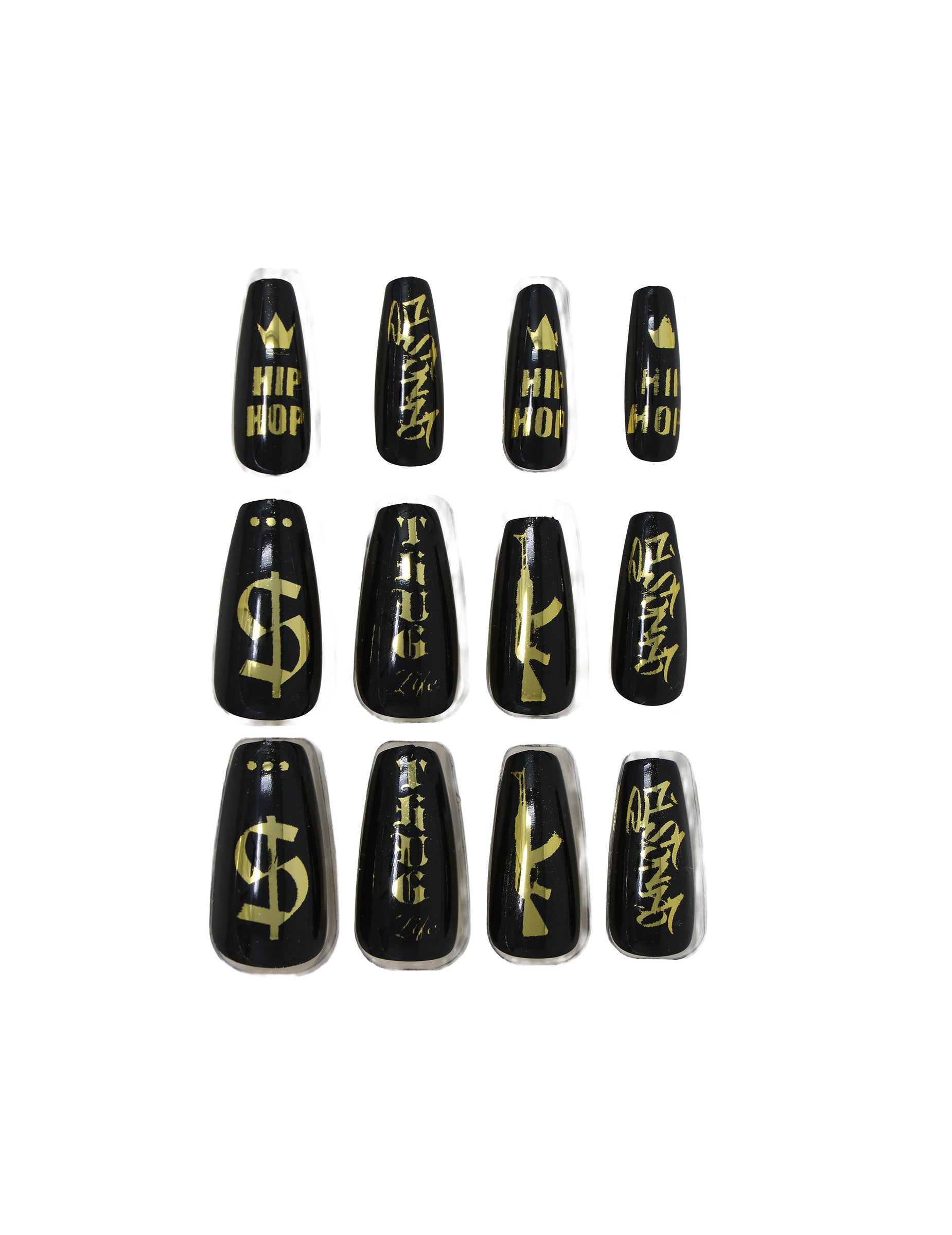 Détail des motifs des faux ongles adhésifs gangsta