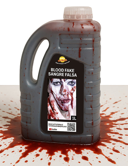 Mise en situation avec éclaboussures du faux sang Halloween pour adulte rouge liquide