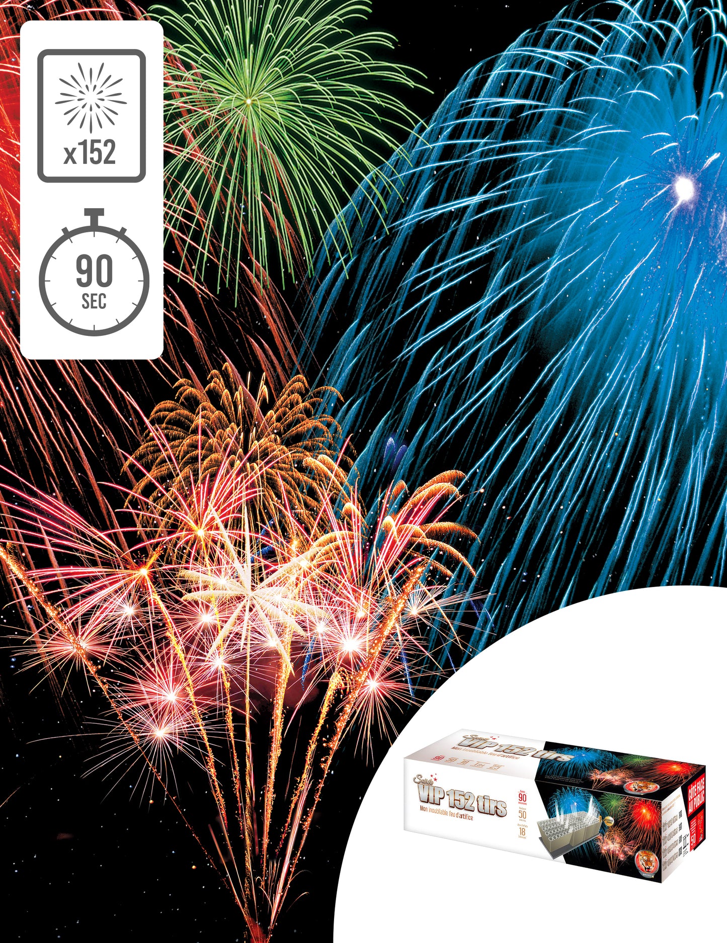 Feu d'artifice Soirée VIP pour adulte 152 tirs multicolore de 90 secondes