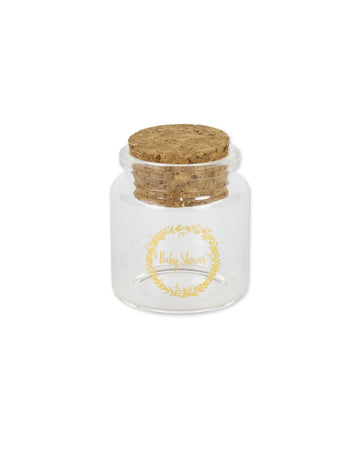Fiole en verre baby shower pour invités couronne végétale dorée avec bouchon liège