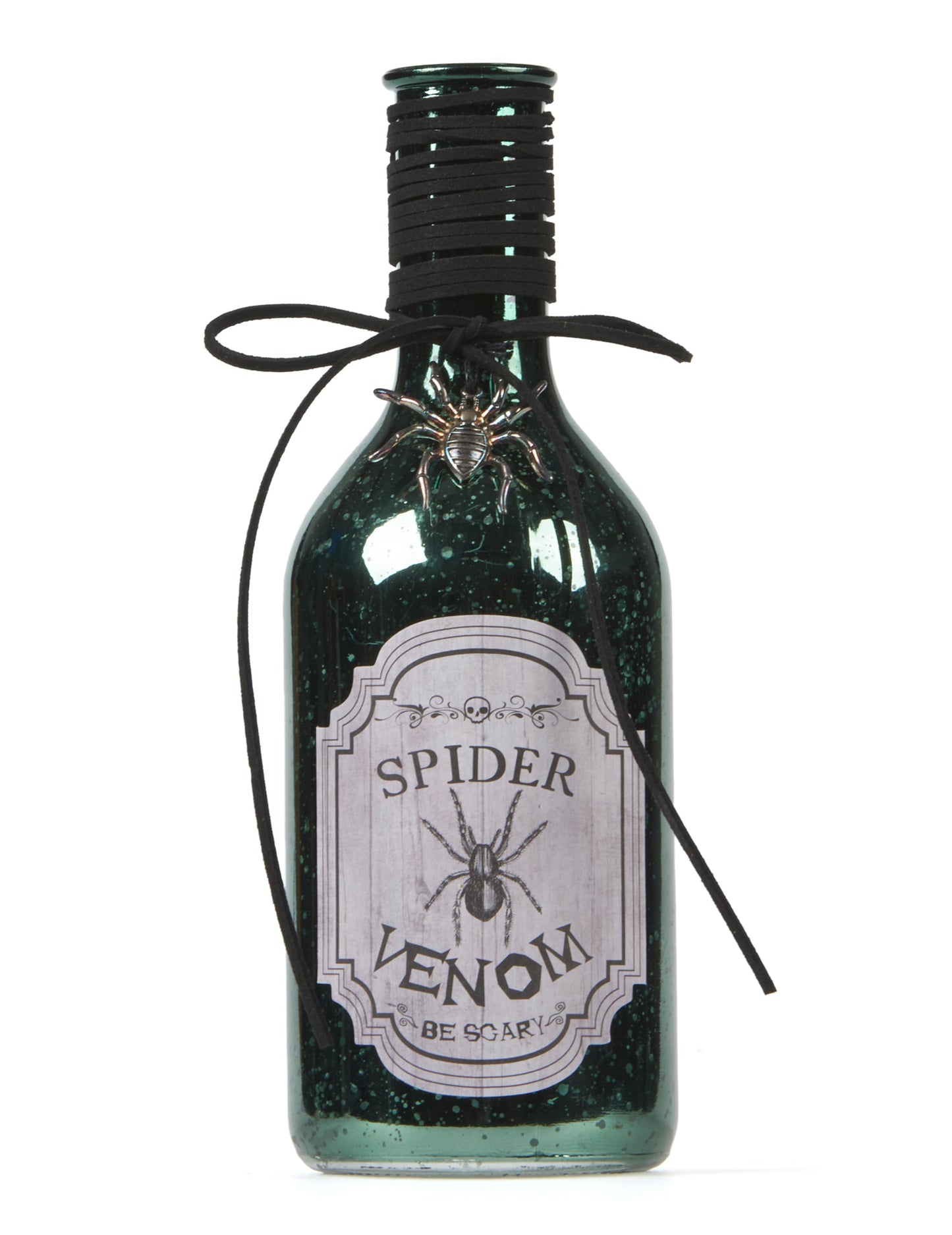 Fiole venin d'araignée pour décoration d'Halloween verte avec araignée en relief et cordon noir