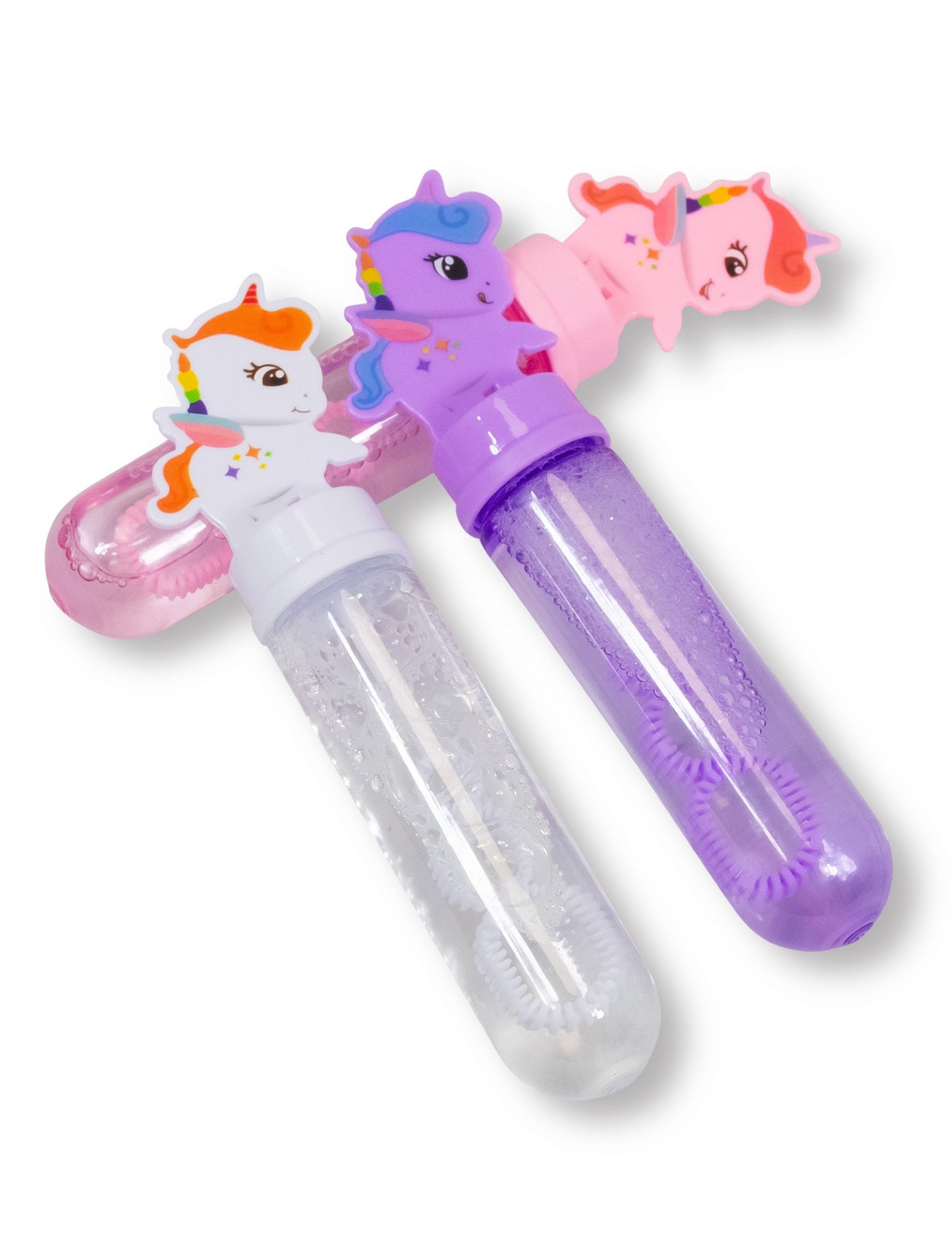 Vue rapprochée des trois coloris du flacon à bulles Licorne