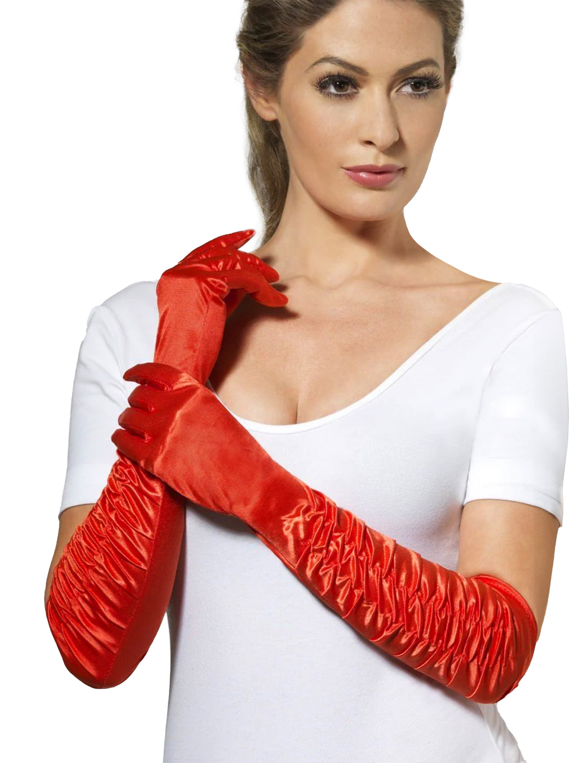 Gants mi-longs satinés pour femme rouges avec plis