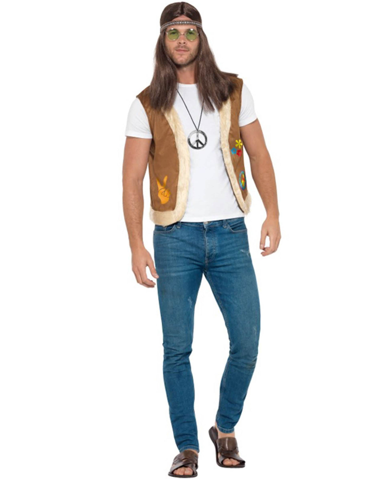 Gilet hippie avec fourrure pour adulte marron avec écussons