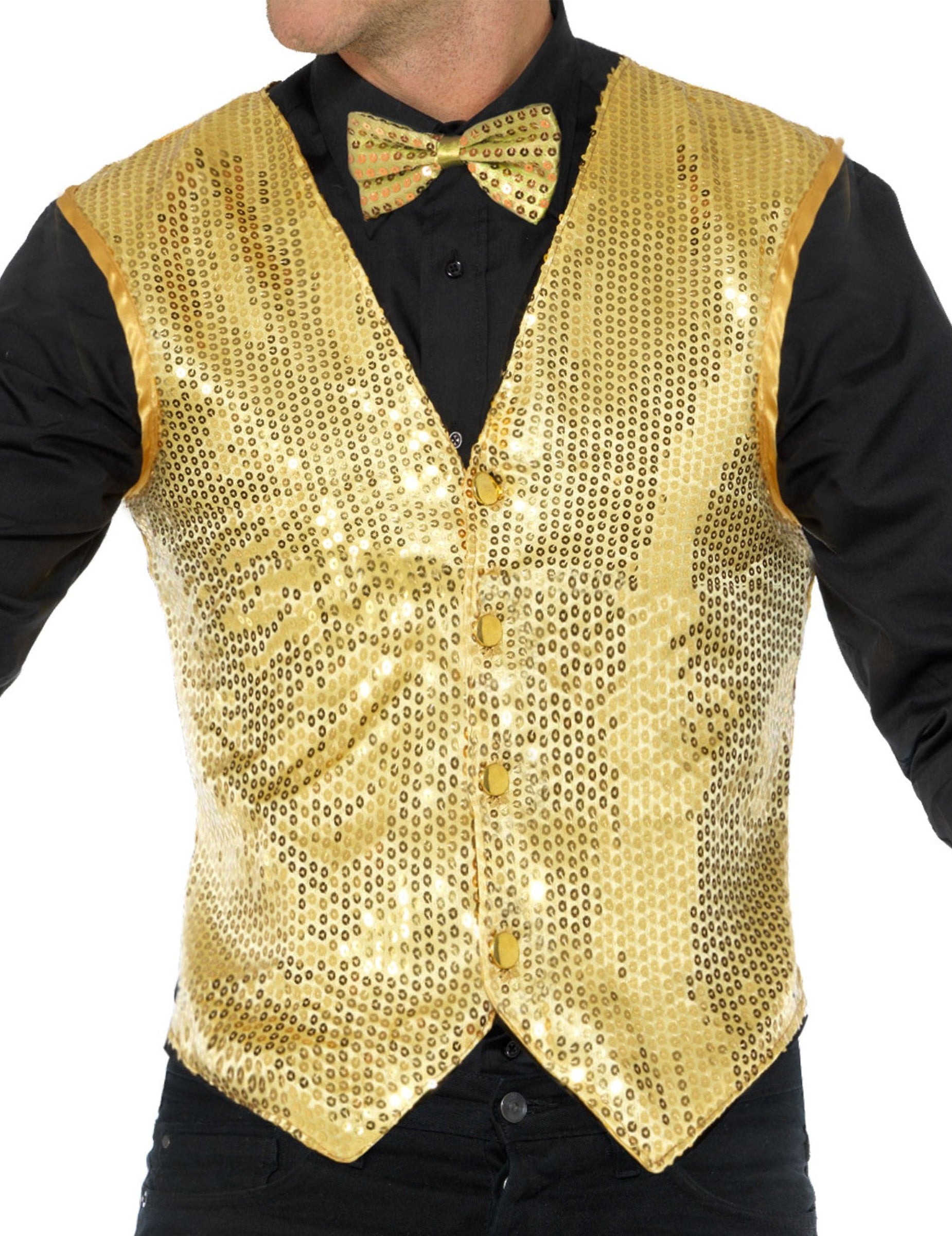 Détail du nœud papillon et des sequins du gilet or à sequins pour adulte