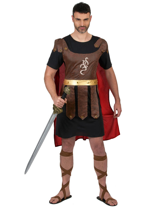 Déguisement de guerrier gladiateur pour homme marron et noir avec cape rouge