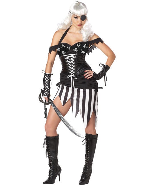 Déguisement pirate gothique Halloween pour femme noir et blanc à rayures avec bustier à lacets