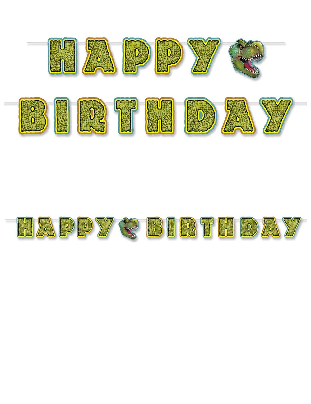 Гирлянда за сглобяване Happy Birthday тема Динозаври зелен и жълт с глава на T-Rex