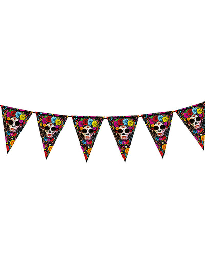 Guirlande à fanions Dia de los muertos pour fête multicolore avec têtes de mort et fleurs