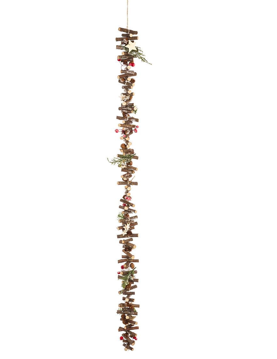 Guirlande en bois naturel petits rondins pour décoration marron avec baies rouges