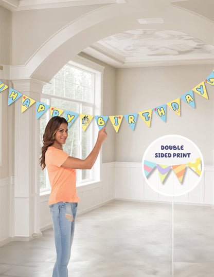 Guirlande de fanions Happy Birthday Bluey pour enfant bleue et jaune