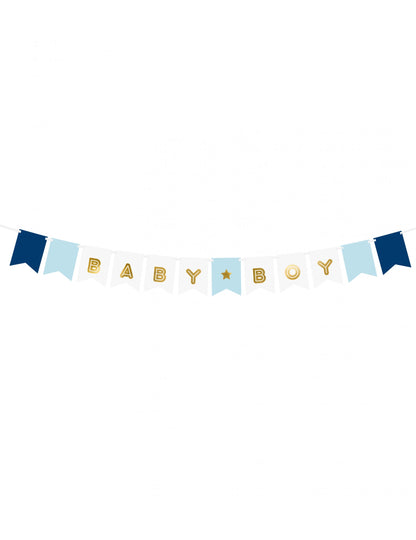Guirlande à fanions Baby Boy pour garçon bleue et dorée métallisée