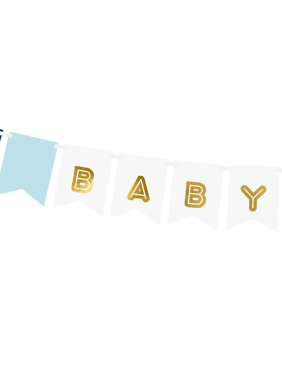 Крупен план на златния надпис BABY на гирляндата с флагчета Baby Boy