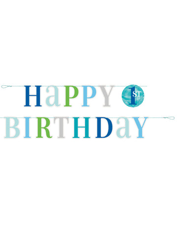 Син картонен гирлянд "Честит 1-ви рожден ден", 1.8 м, декорация за момче