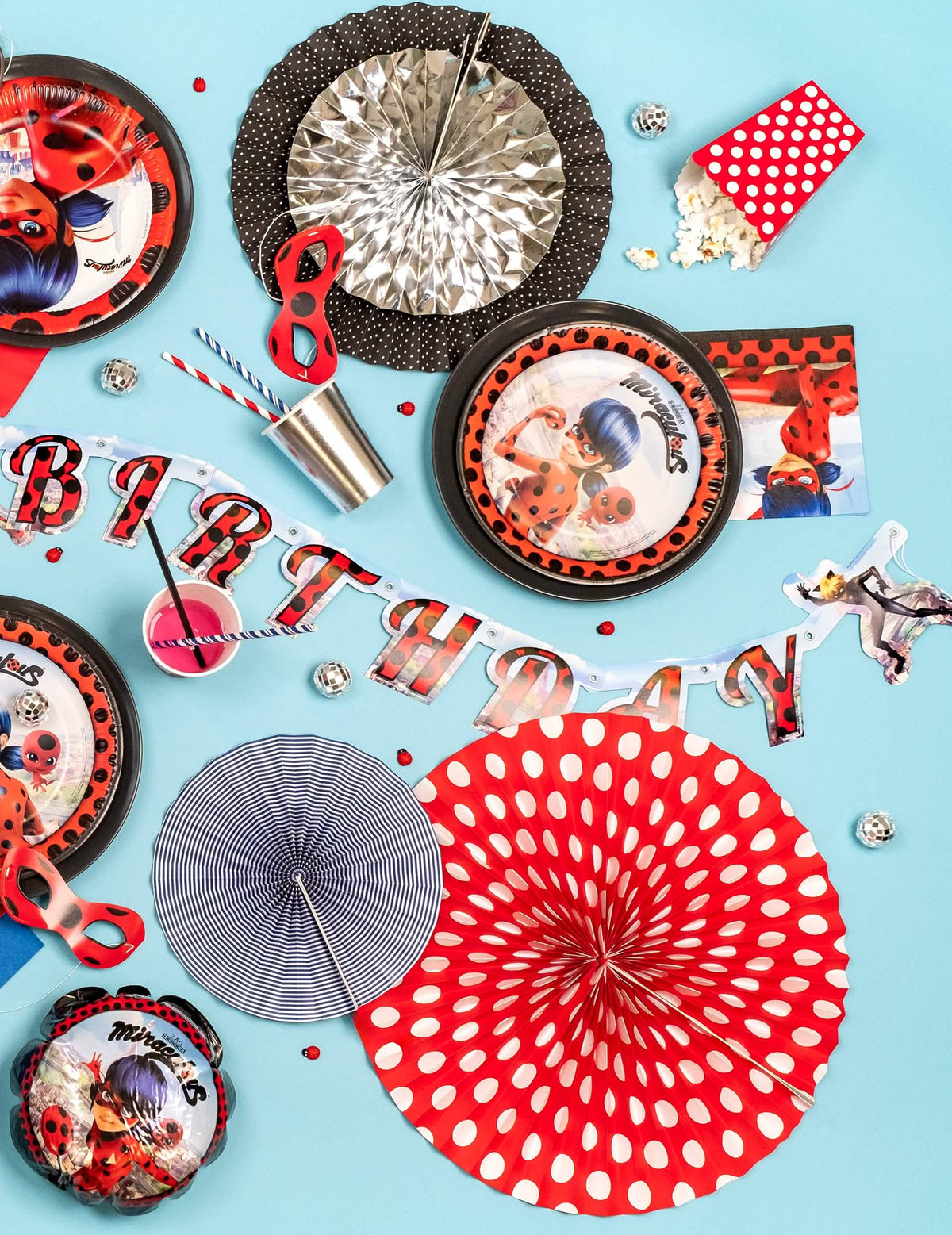 Vue d'ensemble de la décoration de fête de la guirlande en carton Happy Birthday Ladybug