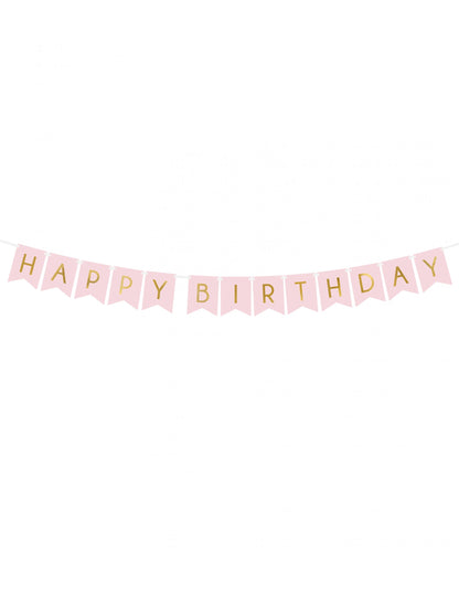 Guirlande en carton Happy Birthday pour anniversaire rose et dorée