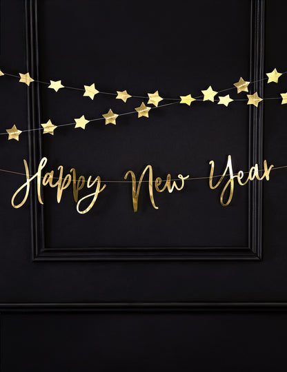 Металически златист картонен гирлянд "Честита Нова Година", 66 x 18 cm