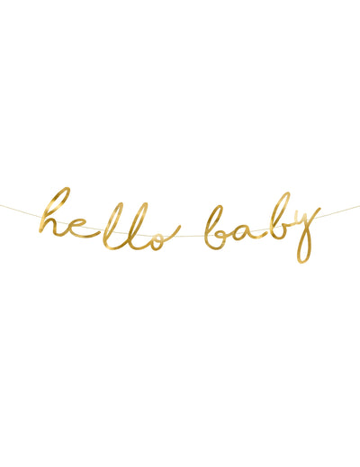 Guirlande en carton hello baby pour baby shower dorée métallisée