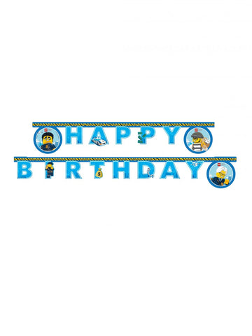 Guirlande en papier Happy Birthday Lego City pour enfant bleue à motifs policiers