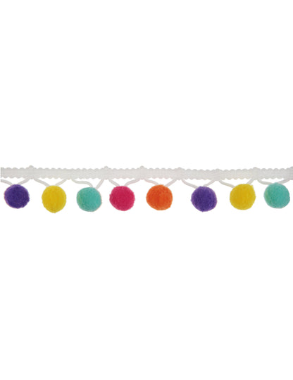 2 м бяла, многоцветна панделка с помпони, ширина 2 см