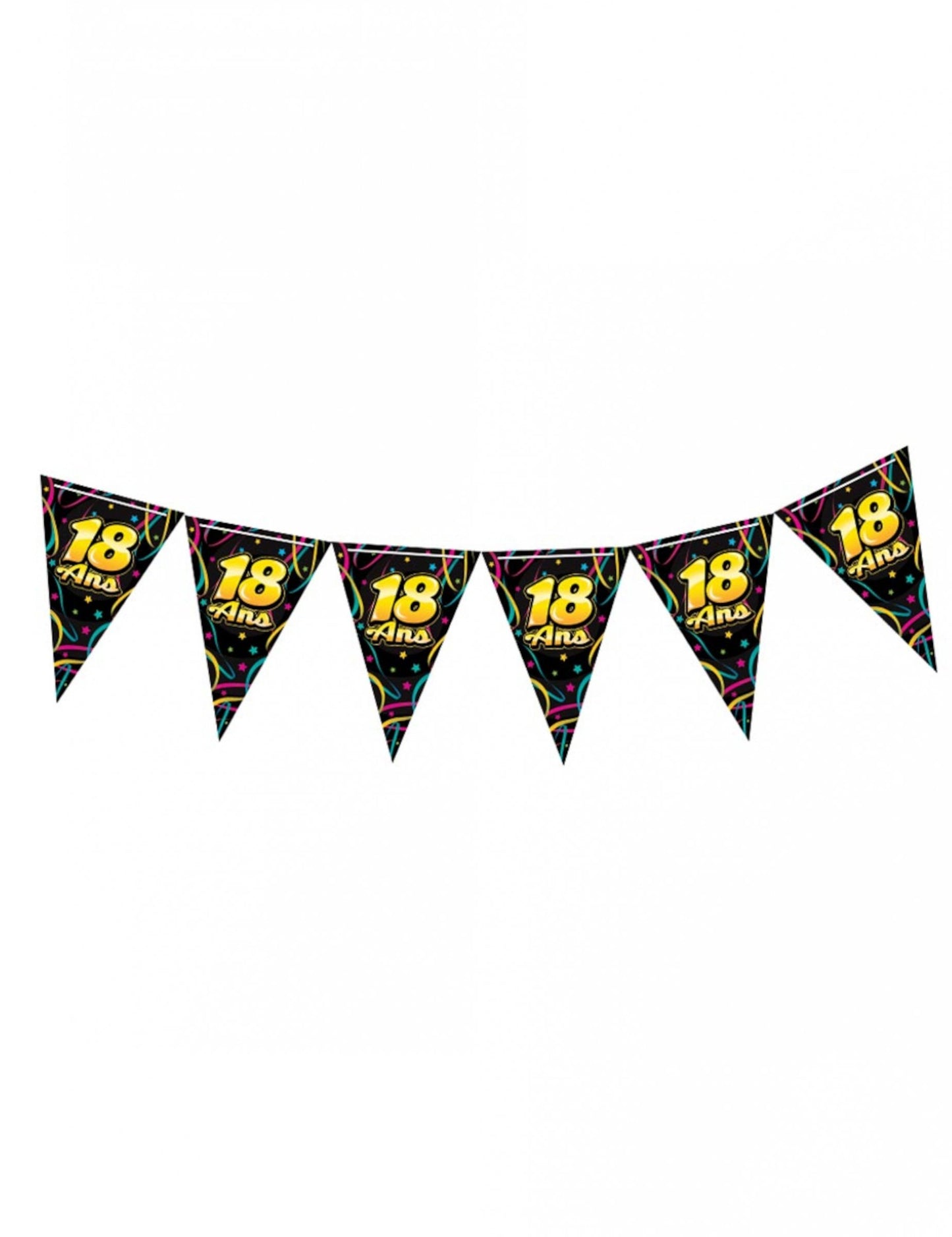 Гирлянда от флагчета за рожден ден на 18 години за черно парти с жълти цифри и цветни серпентини