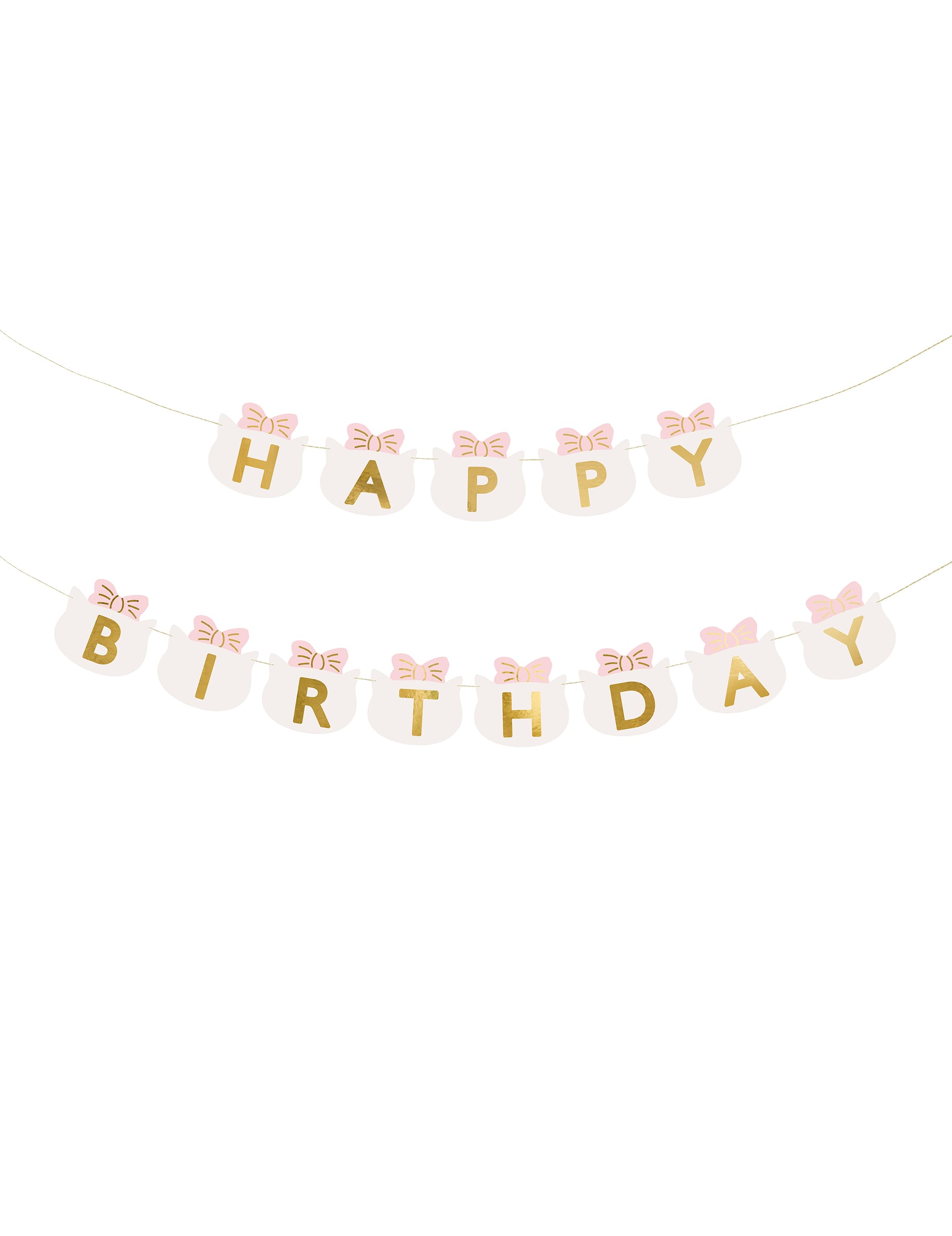 Guirlande happy birthday chatons pour enfant blanche aux nœuds roses et lettres dorées