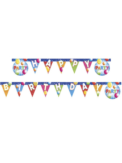 Guirlande de fanions Happy Birthday Fabulous Party pour anniversaire bleue avec ballons multicolores