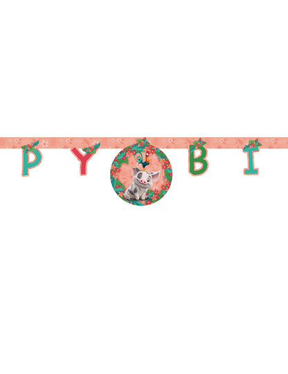 Détail des personnages Pua et Hei Hei de la guirlande Happy Birthday Vaiana 2