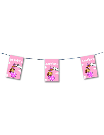 Guirlande papier baptême pour fille rose avec cigogne