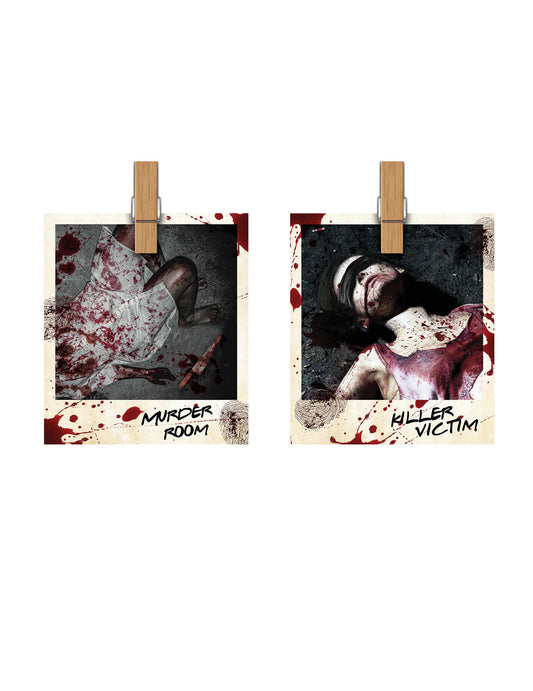 Détail des visuels polaroïd sanglants de la guirlande en papier photos scène de crime